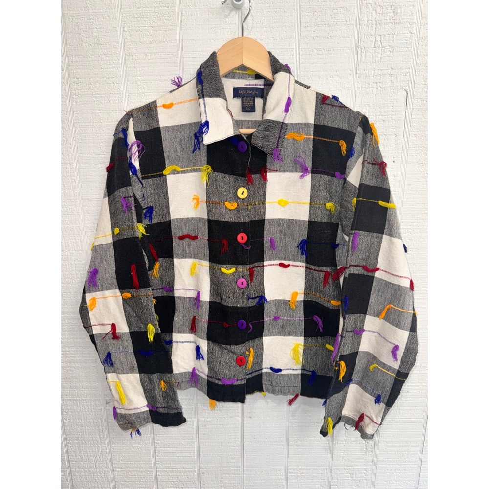 Life Style Jacket Women Black White Plaid Multi Color Yarn Tuft Art to Wear L